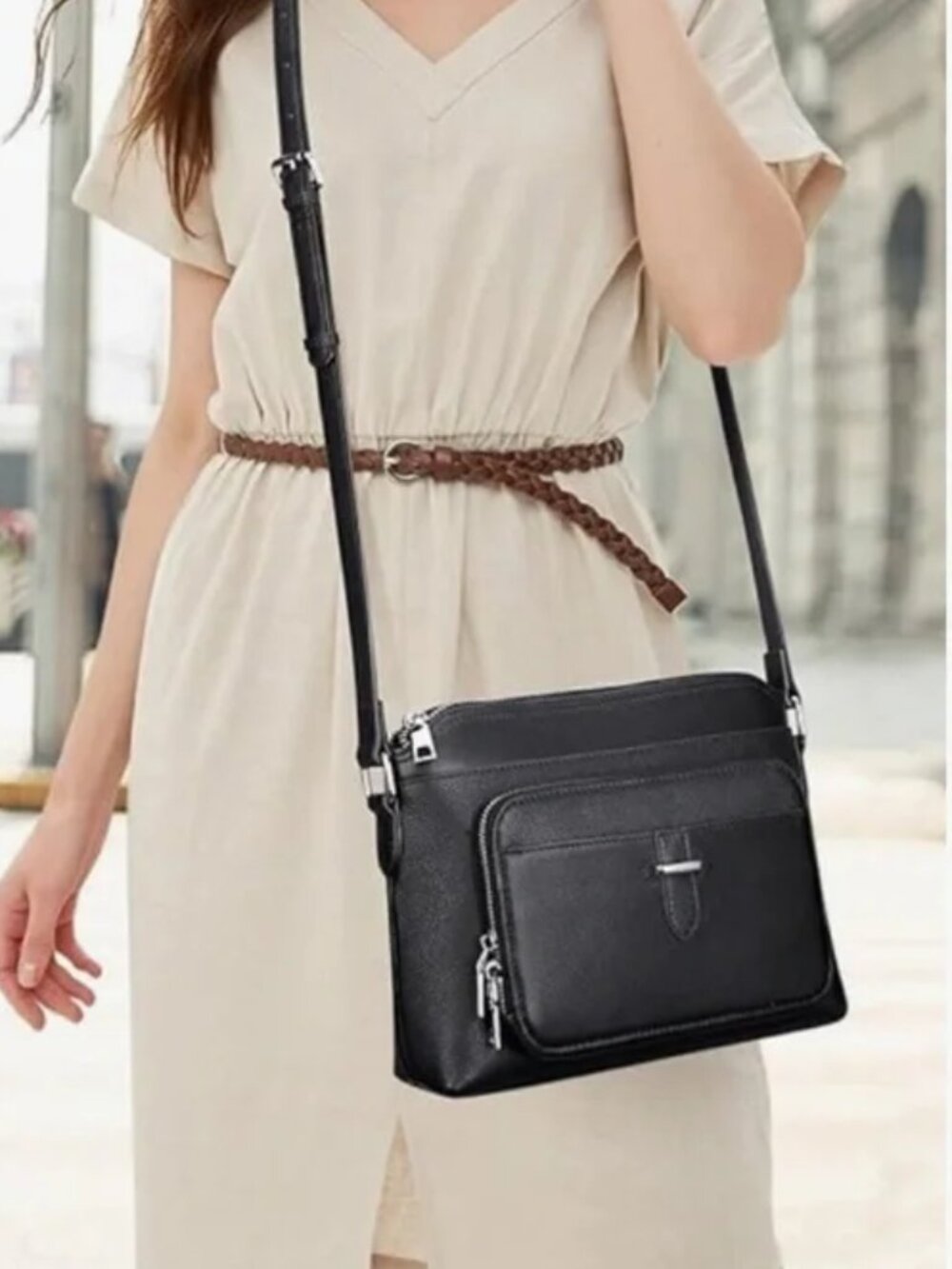 Over Earth NEW Genuine leather Black small Crossbody Hobo Bag